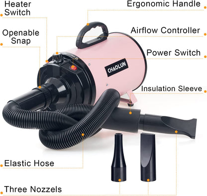 High Velocity Professional Dog Dryer with Heater - Adjustable Speed Pet Blow Dryer, 3 Nozzles & Comb, Stylish Pink (2400W)