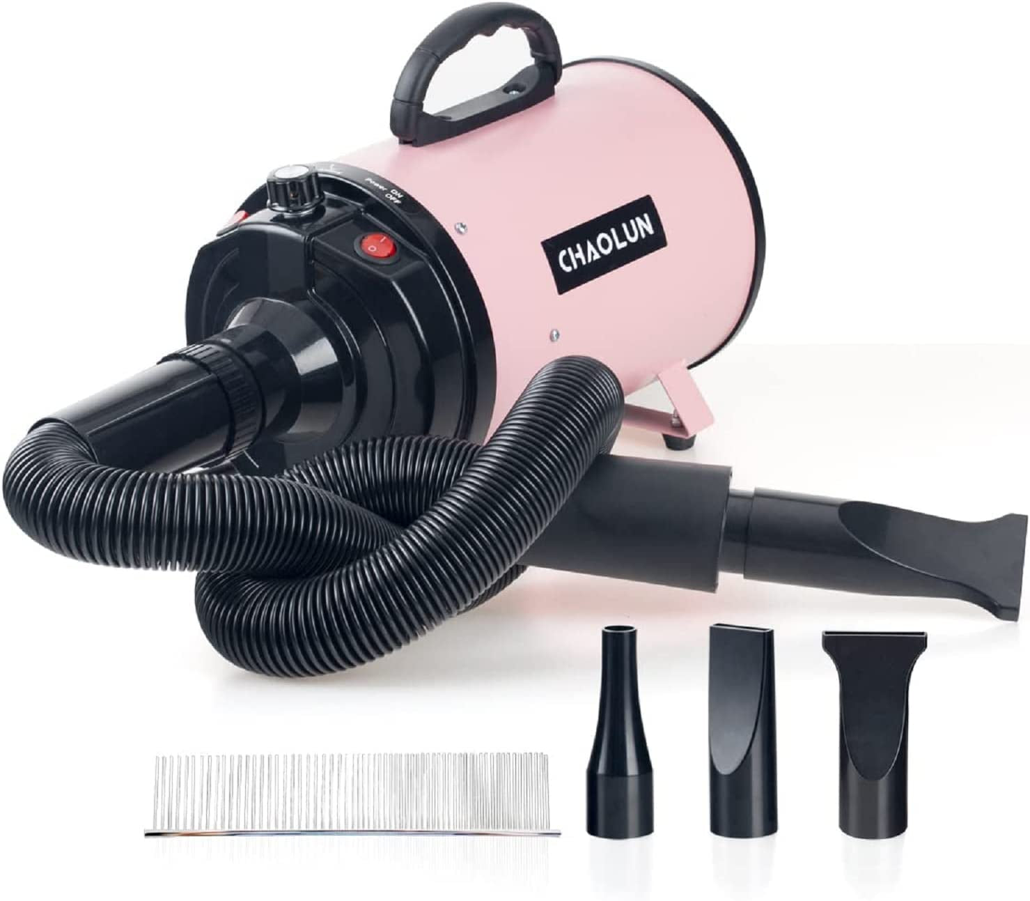 High Velocity Professional Dog Dryer with Heater - Adjustable Speed Pet Blow Dryer, 3 Nozzles & Comb, Stylish Pink (2400W)