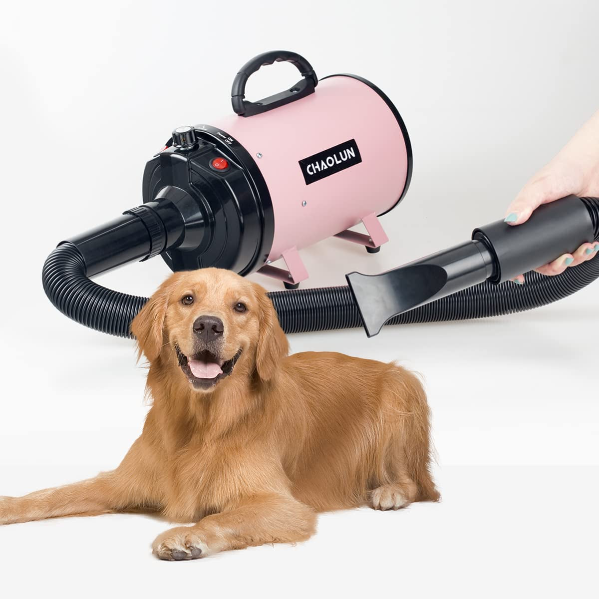 High Velocity Professional Dog Dryer with Heater - Adjustable Speed Pet Blow Dryer, 3 Nozzles & Comb, Stylish Pink (2400W)